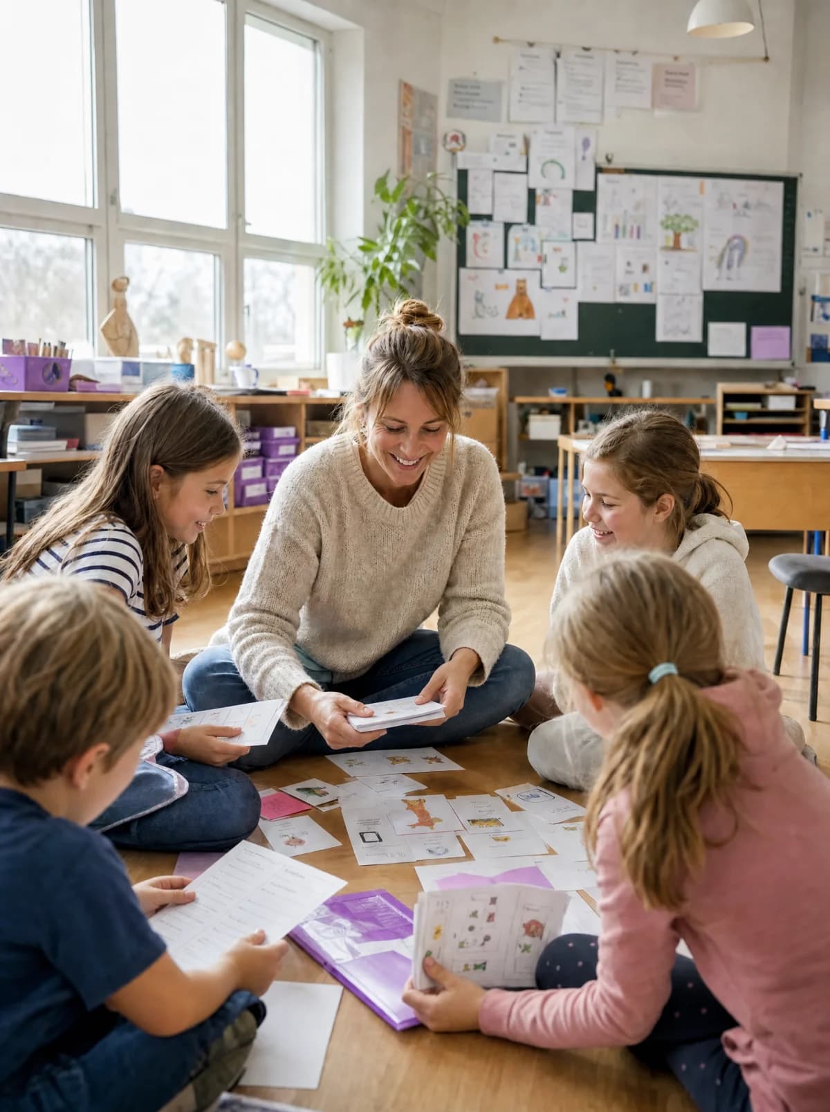 Lehrerin und Grundschulkinder sitzen im Kreis und arbeiten gemeinsam mit gedruckten Lernkarten und Arbeitsblättern.