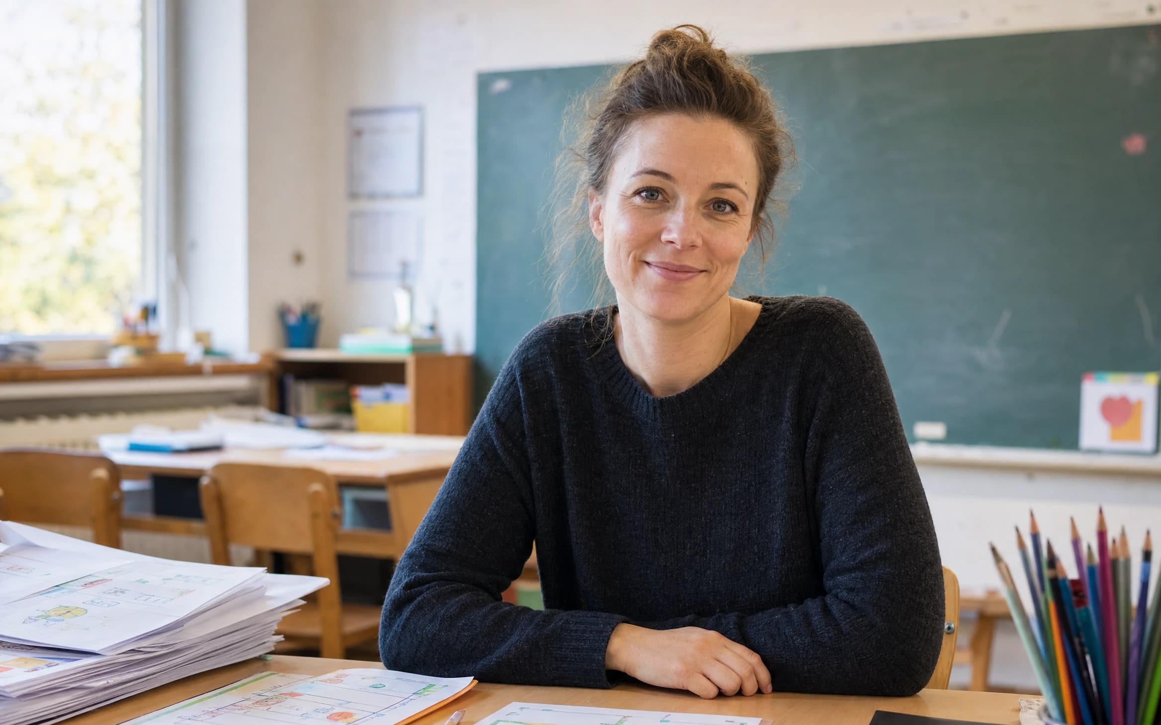 Lehrerin sitzt am Pult mit vorbereiteten Unterrichtsmaterialien und Arbeitsblättern in einem hellen Klassenzimmer.