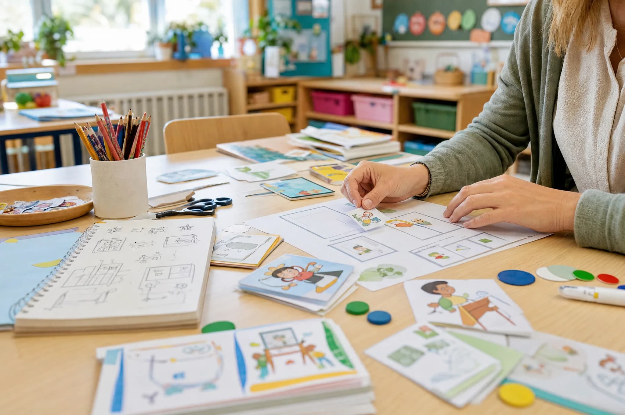Hände einer Lehrkraft ordnen selbst gestaltete Lernkarten, Arbeitsblätter und Bildkarten auf einem Tisch im Klassenzimmer.