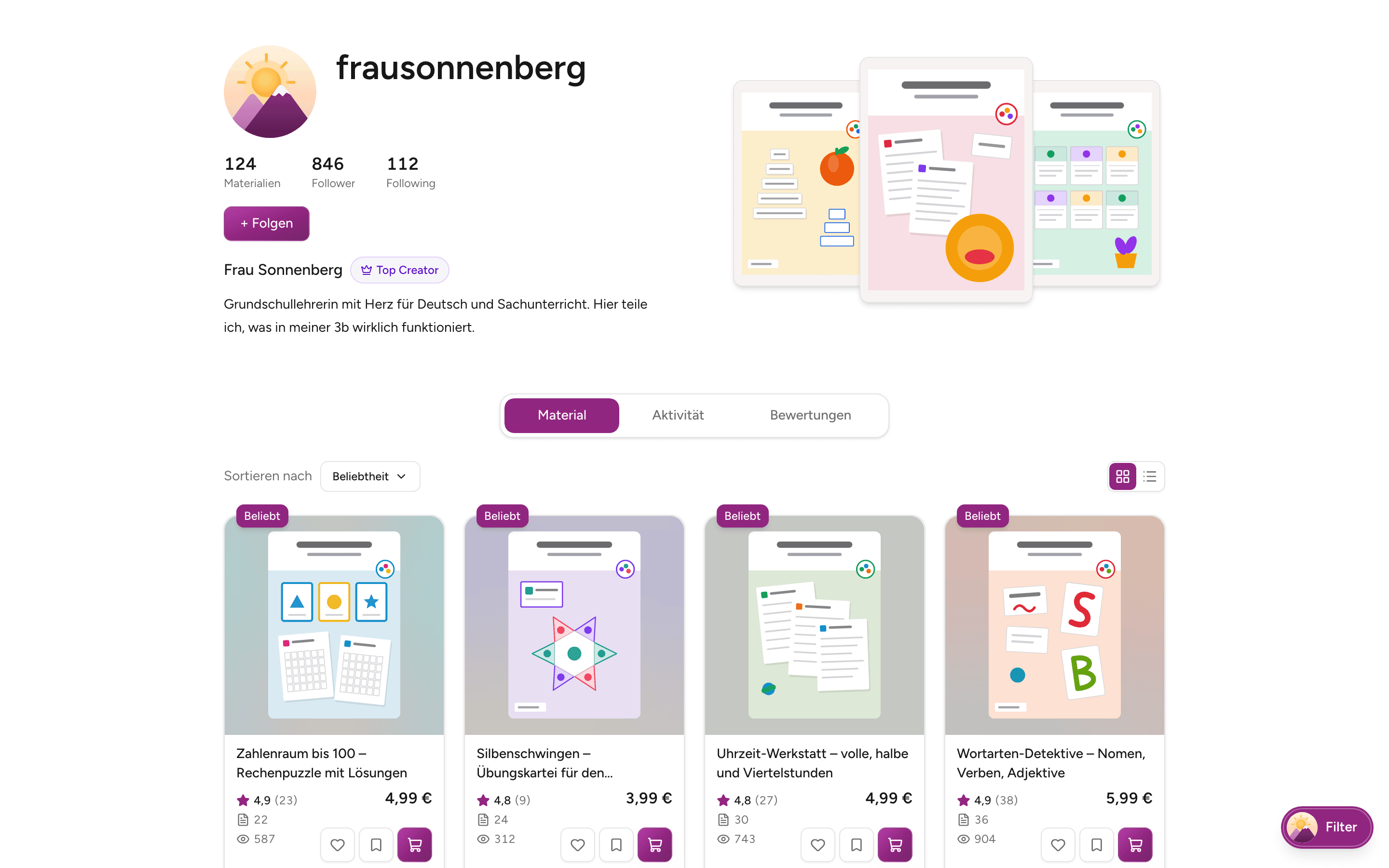 Profil der erfundenen Creatorin Frau Sonnenberg auf Papersea mit Followern, Bio und Materialien